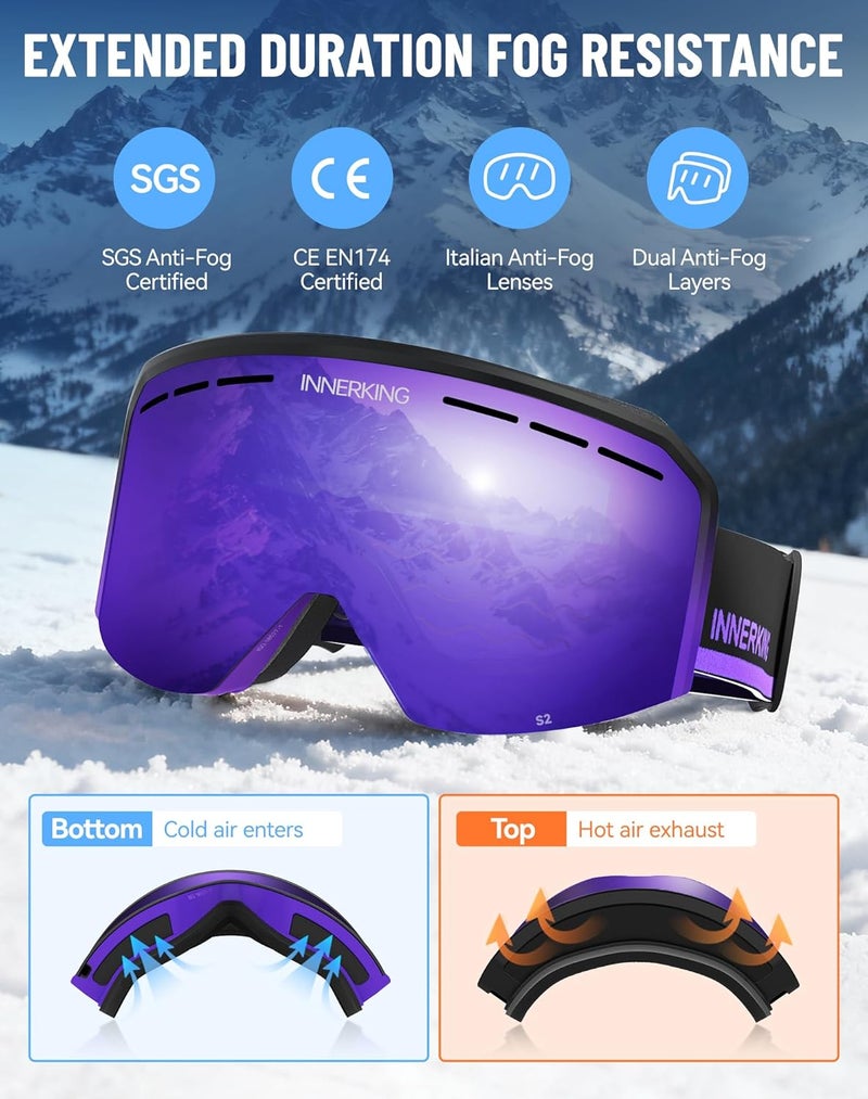 Innerking Ski/Snowboard Goggles OTG for Men Women & Youth - Over Glasses Snow Sports Goggles Anti Fog 100% UV400 Protection - Image 2